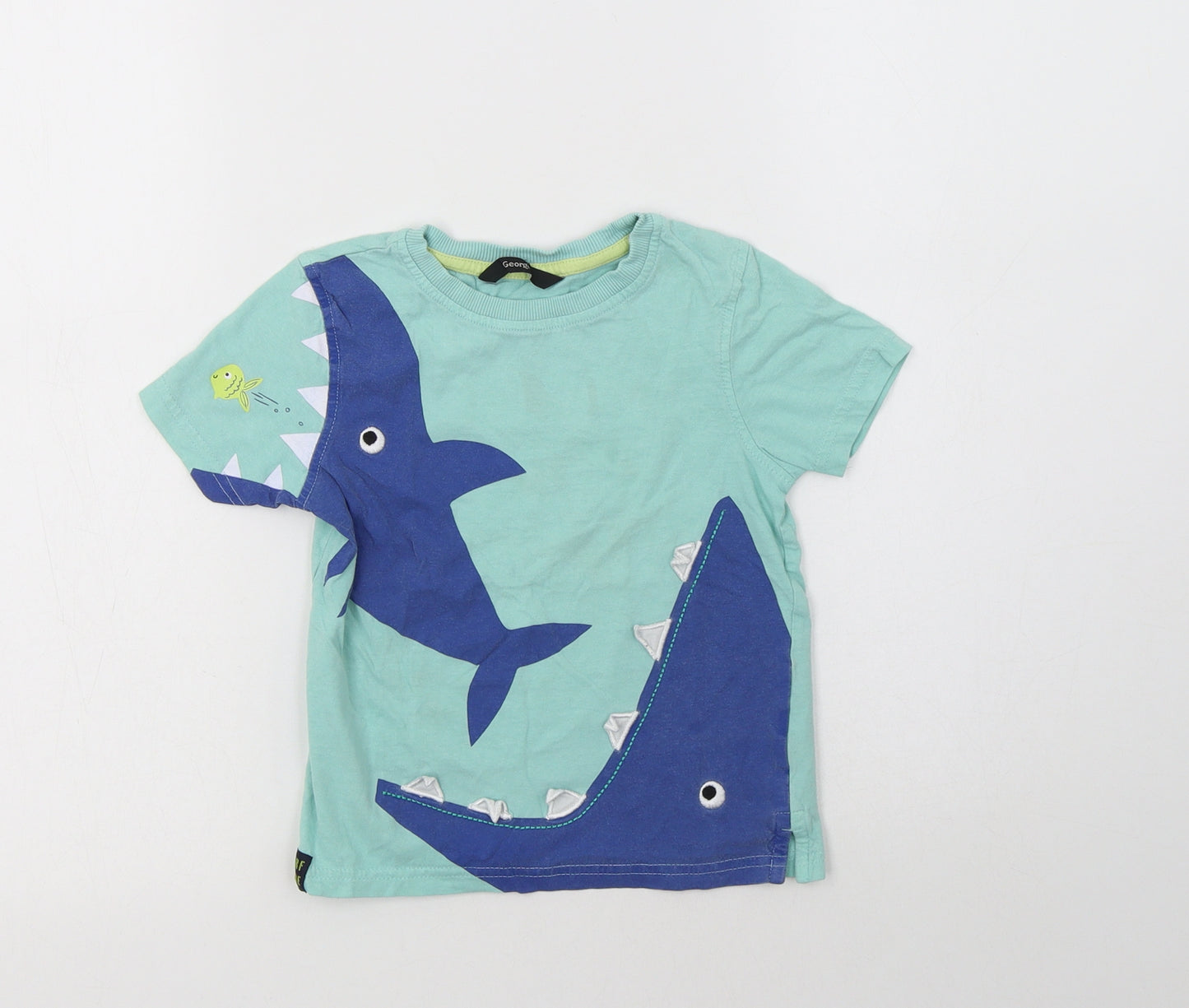 George Boys Green  Cotton Basic T-Shirt Size 3-4 Years Crew Neck  - Shark