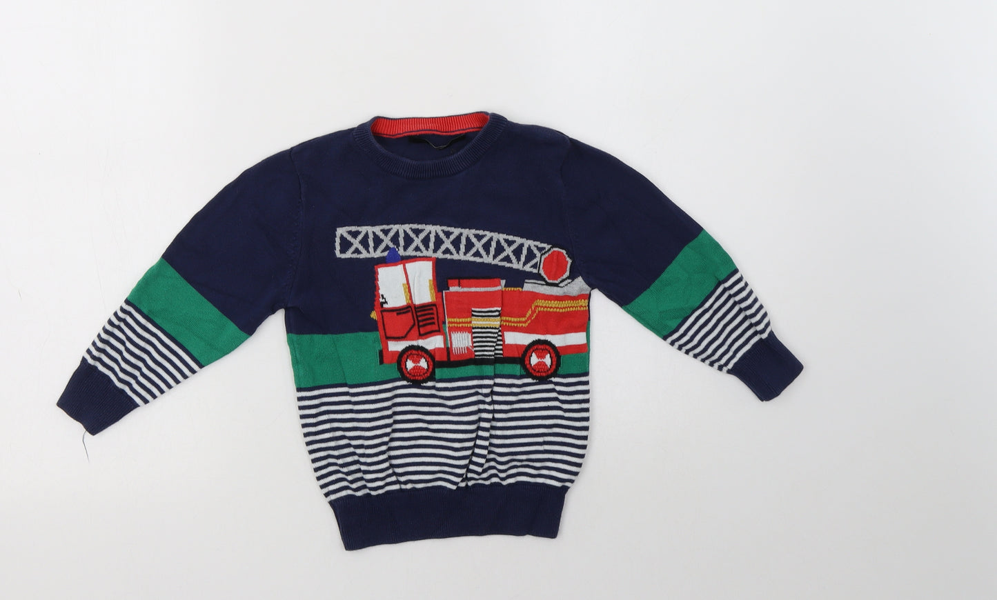 George Boys Blue Crew Neck Striped Cotton Pullover Jumper Size 3-4 Years   - Fire Engine