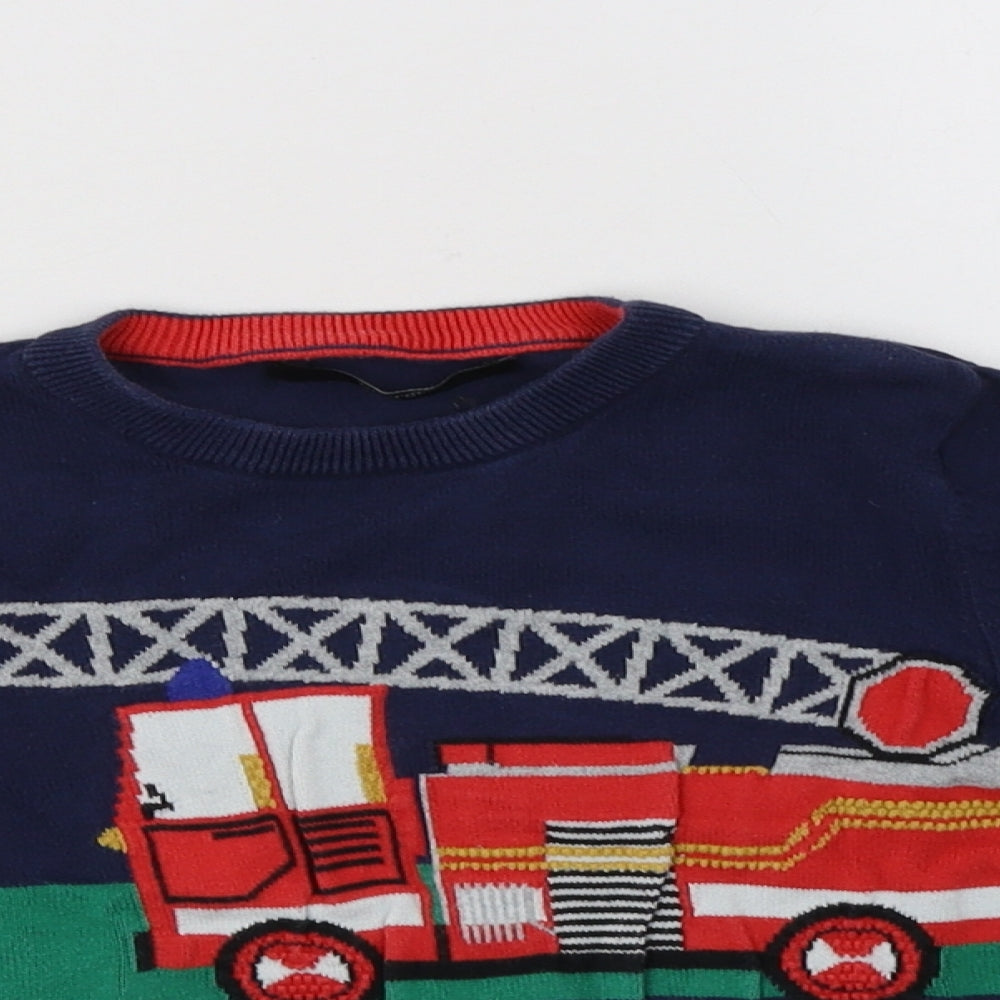 George Boys Blue Crew Neck Striped Cotton Pullover Jumper Size 3-4 Years   - Fire Engine