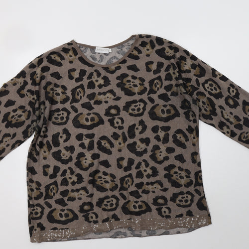Apricot Womens Brown Animal Print Polyester Basic Blouse Size L Round Neck