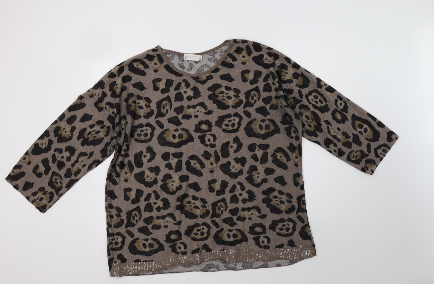 Apricot Womens Brown Animal Print Polyester Basic Blouse Size L Round Neck
