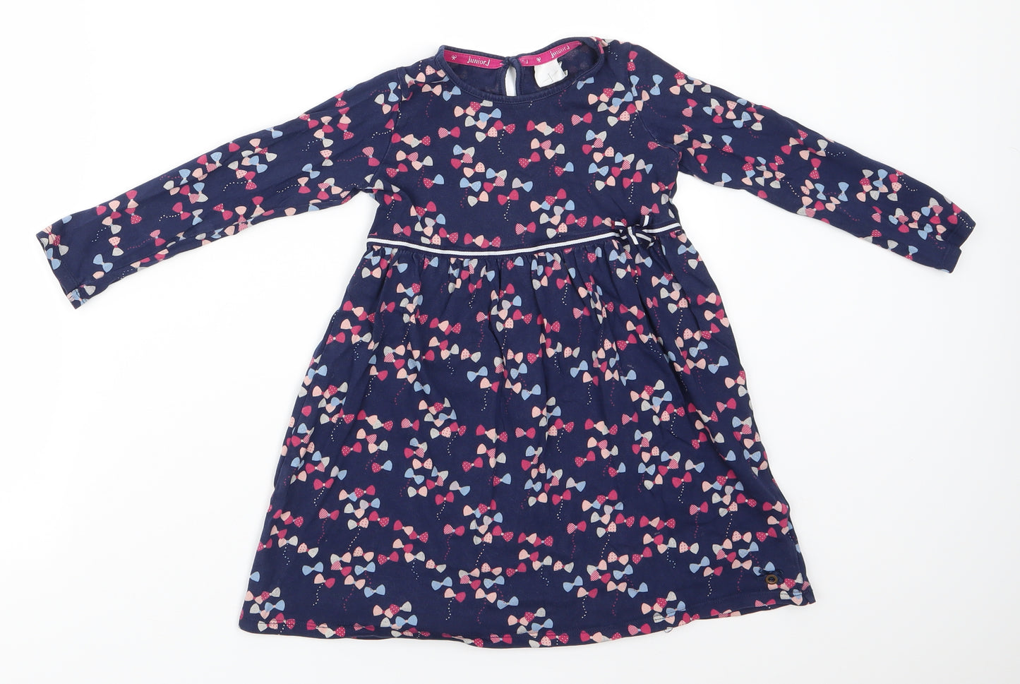 Jasper Conran Girls Blue Geometric  A-Line  Size 5-6 Years  Round Neck Pullover - Multicoloured Bow print Waist stripe detail