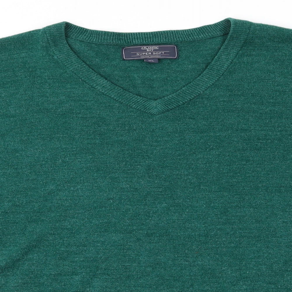 Atlantic Bay Mens Green V-Neck  Acrylic Pullover Jumper Size XL   - Super Soft Green mix