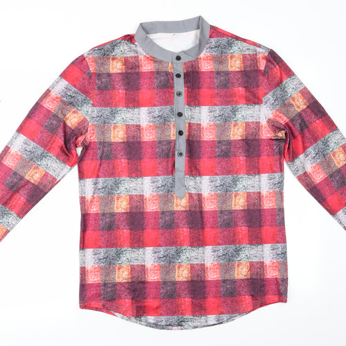 Preworn Mens Red Check   Button-Up Size M Collared Button - Mandarin Collar Half way buttons