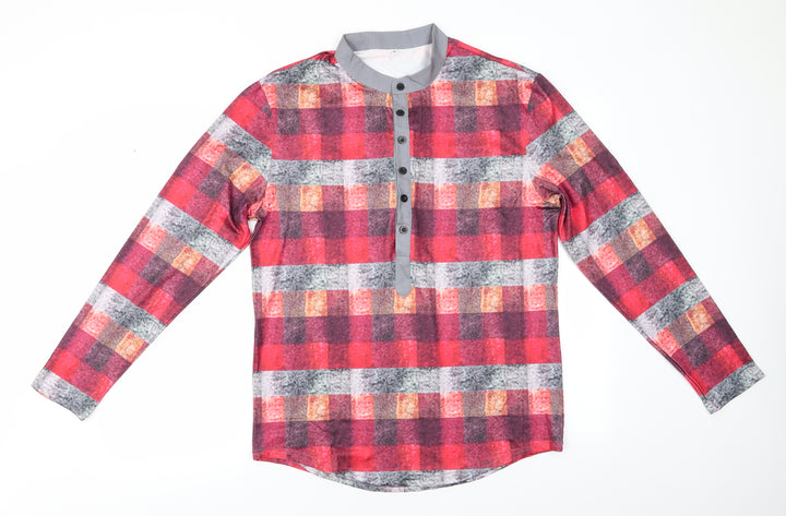 Preworn Mens Red Check   Button-Up Size M Collared Button - Mandarin Collar Half way buttons