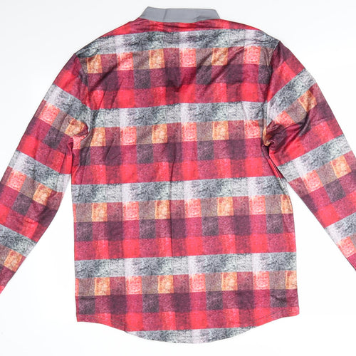 Preworn Mens Red Check   Button-Up Size M Collared Button - Mandarin Collar Half way buttons