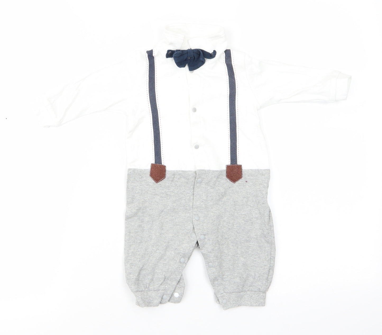 ShenZhen YEY Garment Ltd Boys White  Cotton Romper One-Piece Size 0-3 Months  Snap - Faux Dickie Bow Tie & Shirt with braces