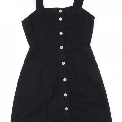 Divided Womens Black  Cotton Pinafore/Dungaree Dress  Size 8  Square Neck Button - Full length front buttons