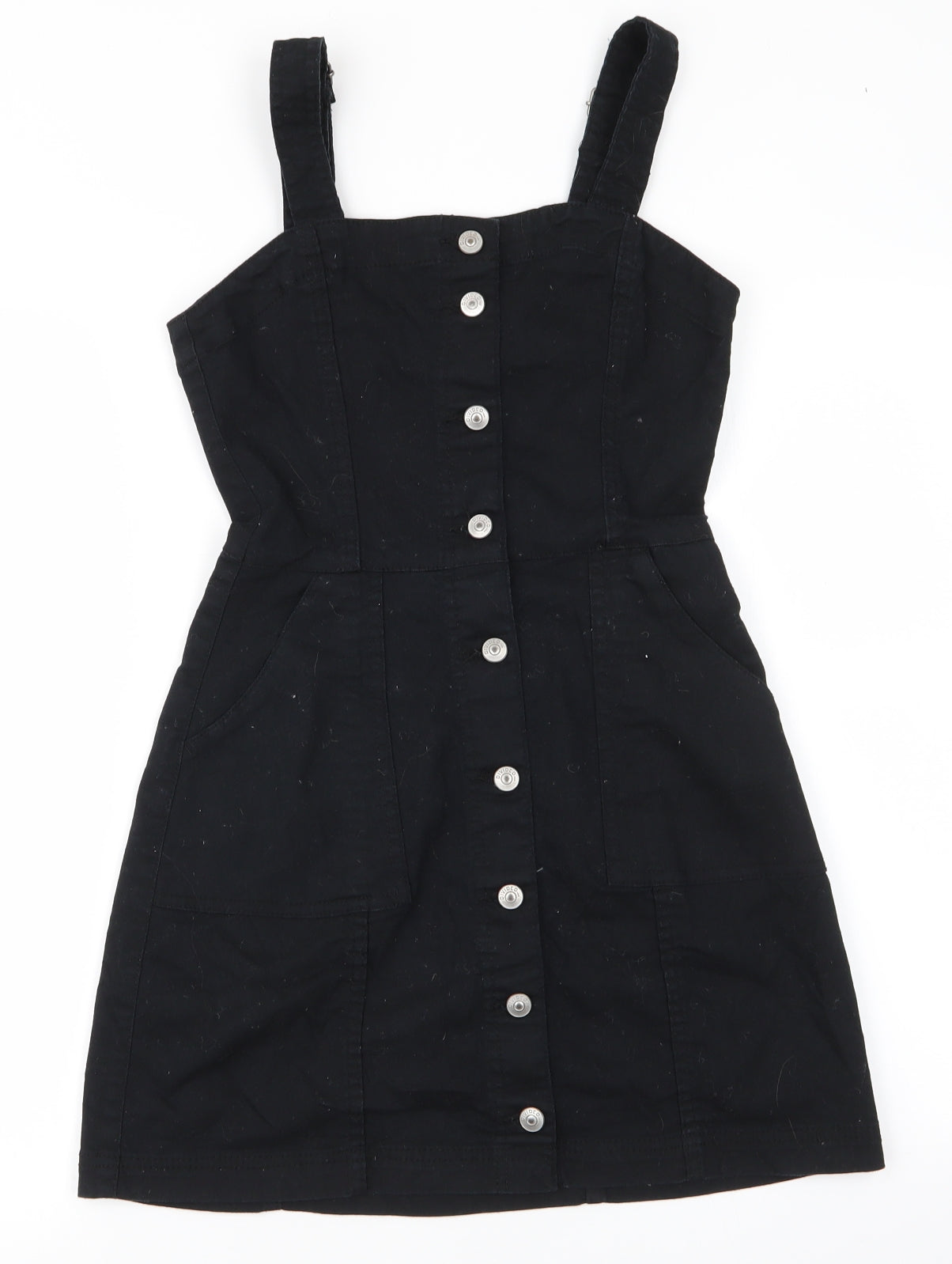 Divided Womens Black  Cotton Pinafore/Dungaree Dress  Size 8  Square Neck Button - Full length front buttons