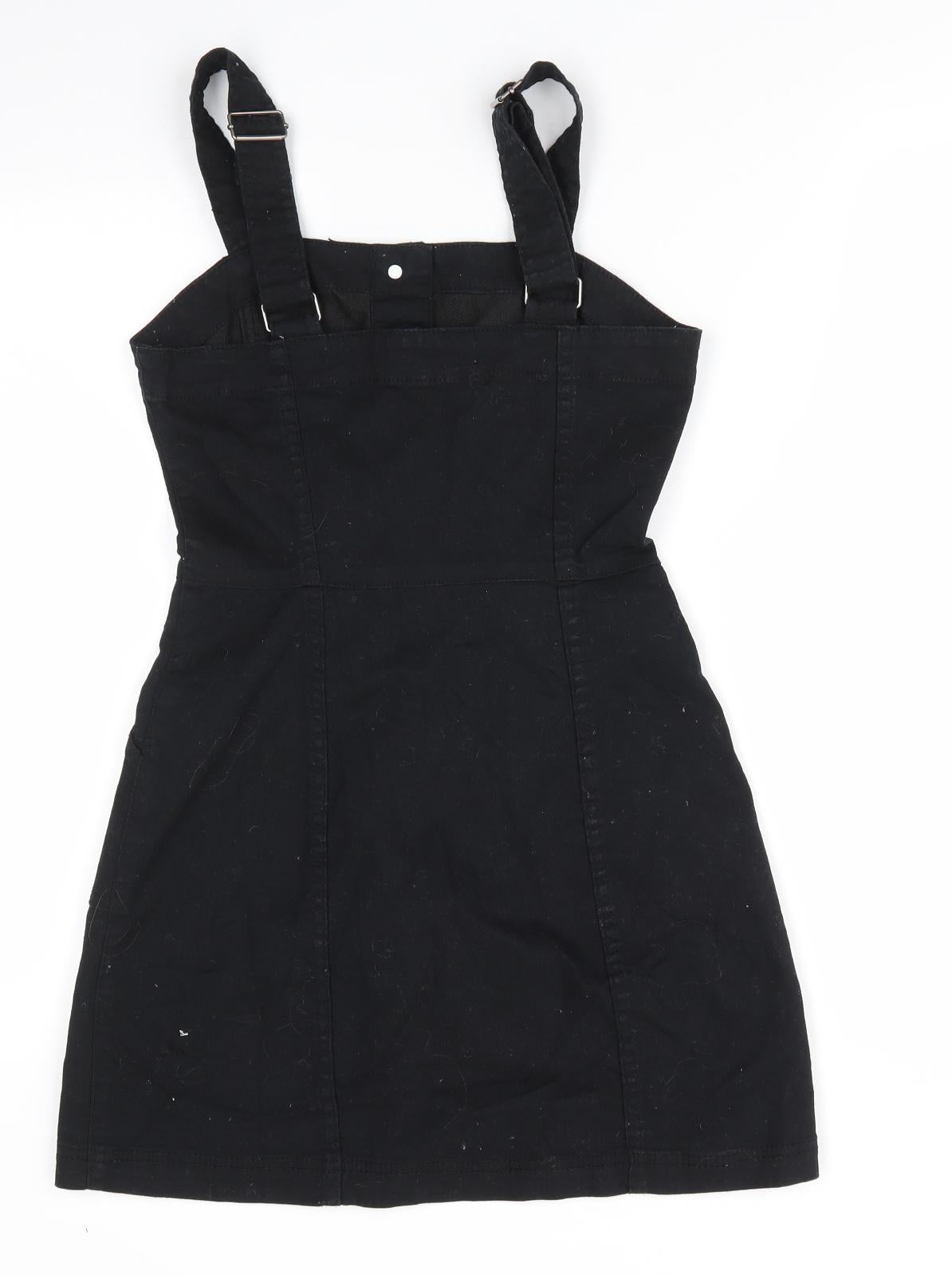 Divided Womens Black  Cotton Pinafore/Dungaree Dress  Size 8  Square Neck Button - Full length front buttons