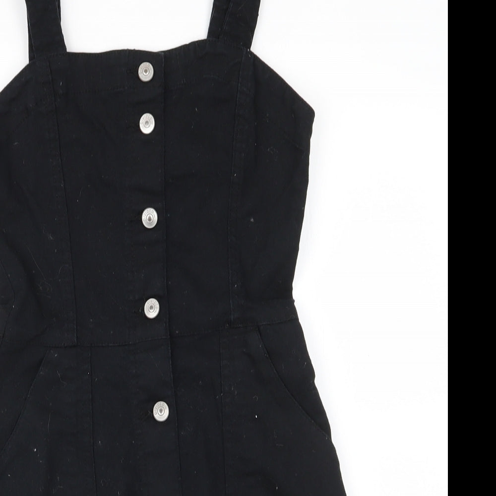 Divided Womens Black  Cotton Pinafore/Dungaree Dress  Size 8  Square Neck Button - Full length front buttons