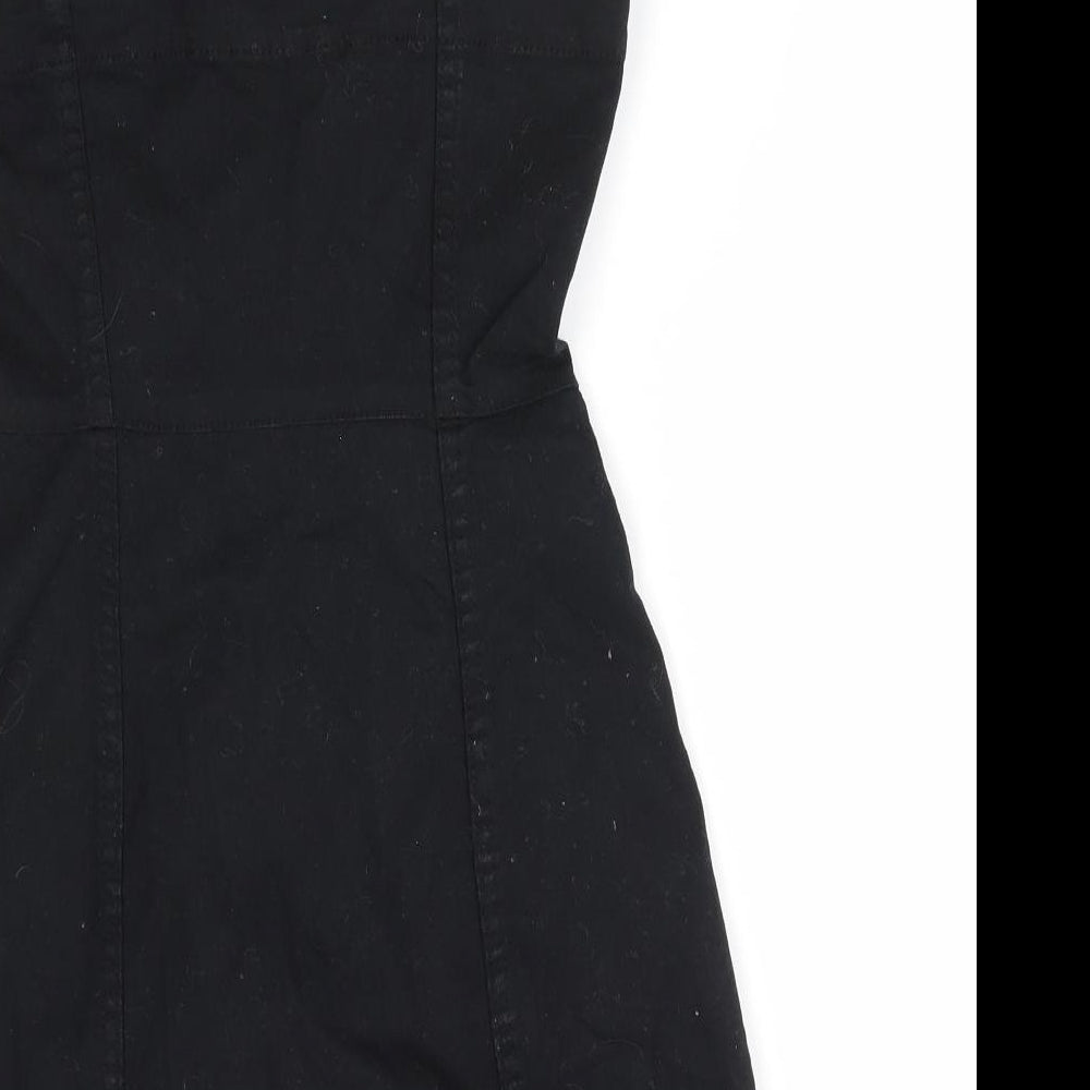 Divided Womens Black  Cotton Pinafore/Dungaree Dress  Size 8  Square Neck Button - Full length front buttons
