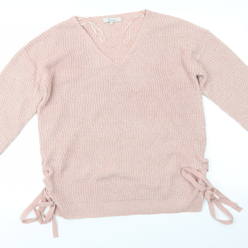 Peacocks Womens Pink V-Neck Striped Acrylic Pullover Jumper Size M   - Side Tie Details Same colour knit stripe