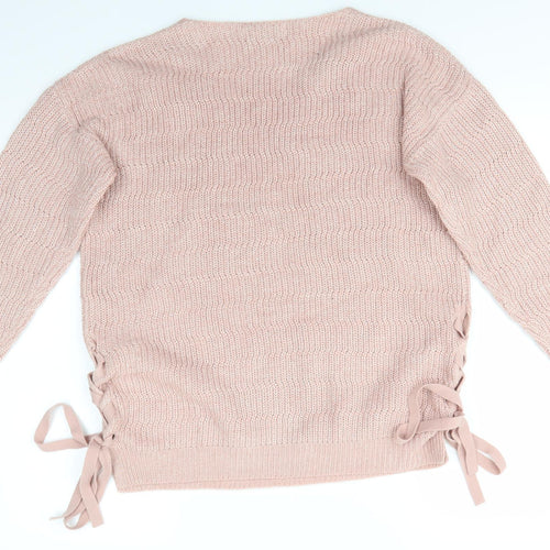 Peacocks Womens Pink V-Neck Striped Acrylic Pullover Jumper Size M   - Side Tie Details Same colour knit stripe