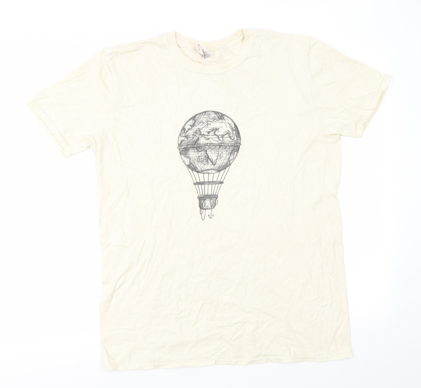 Gildan Mens Yellow  Cotton  T-Shirt Size L Round Neck  - Pale Lemon Yellow Globe Hot Air Baloon