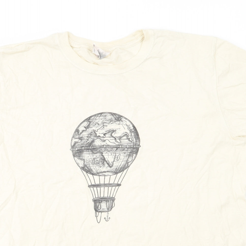 Gildan Mens Yellow  Cotton  T-Shirt Size L Round Neck  - Pale Lemon Yellow Globe Hot Air Baloon
