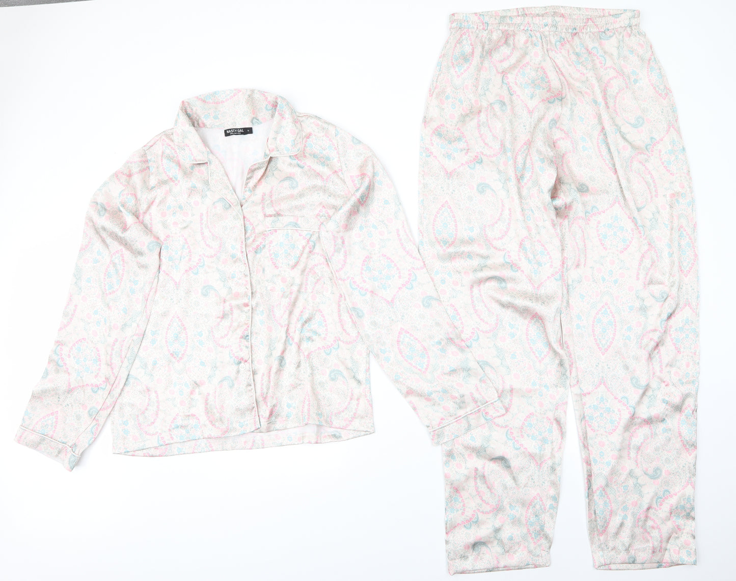 Nasty Gal Womens Ivory Floral Polyester  Pyjama Set Size 12  Button - Pink Blue Green Print