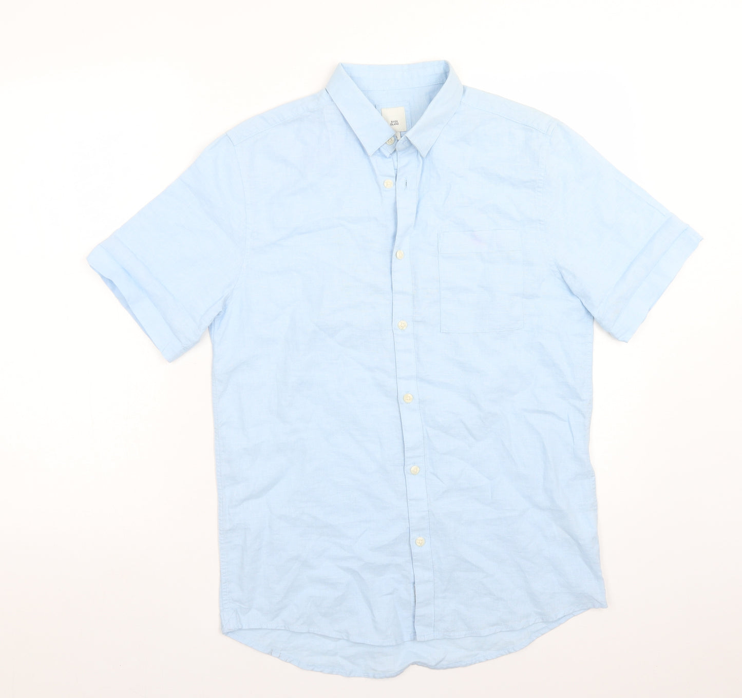 River Island Mens Blue  Linen  Button-Up Size S Collared