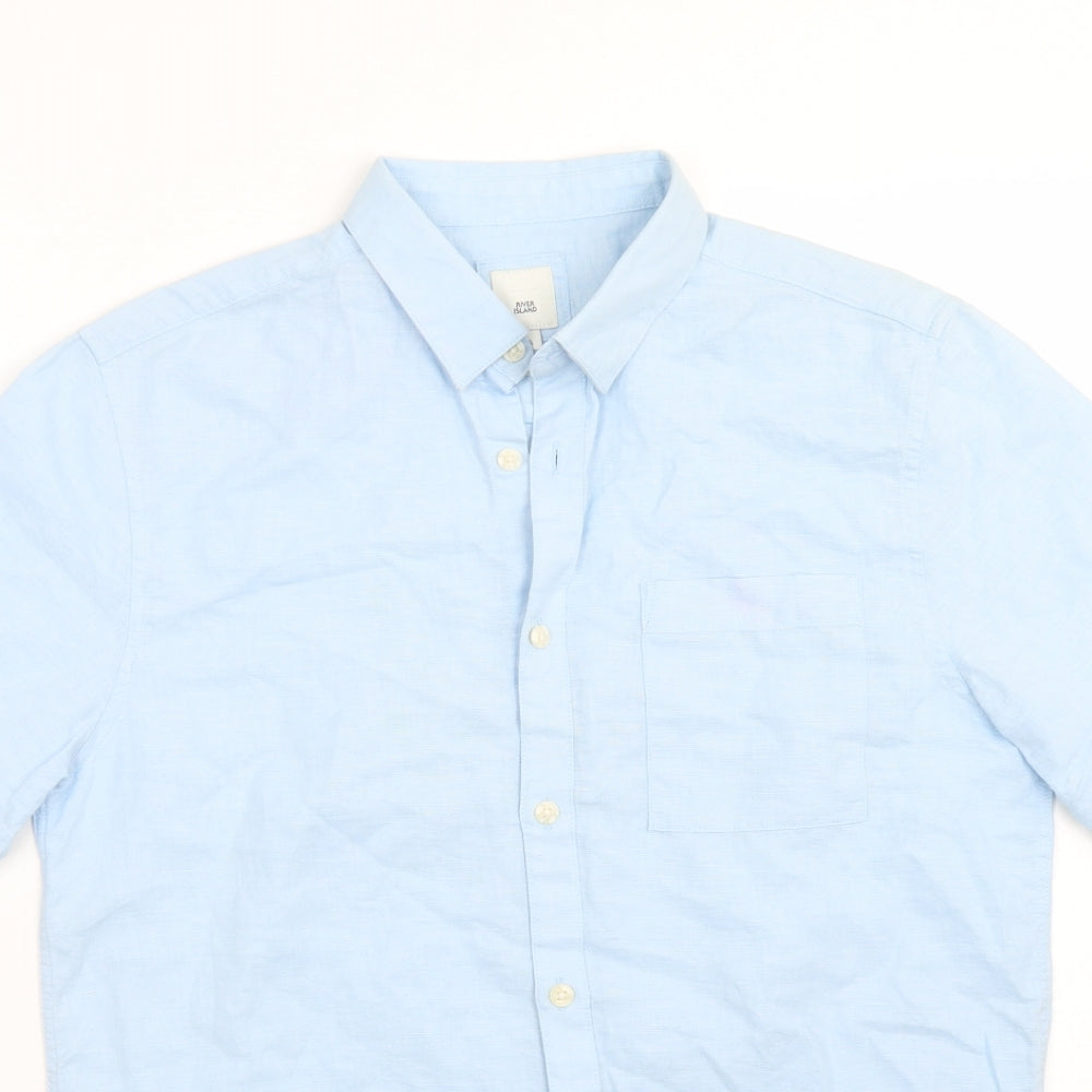 River Island Mens Blue  Linen  Button-Up Size S Collared