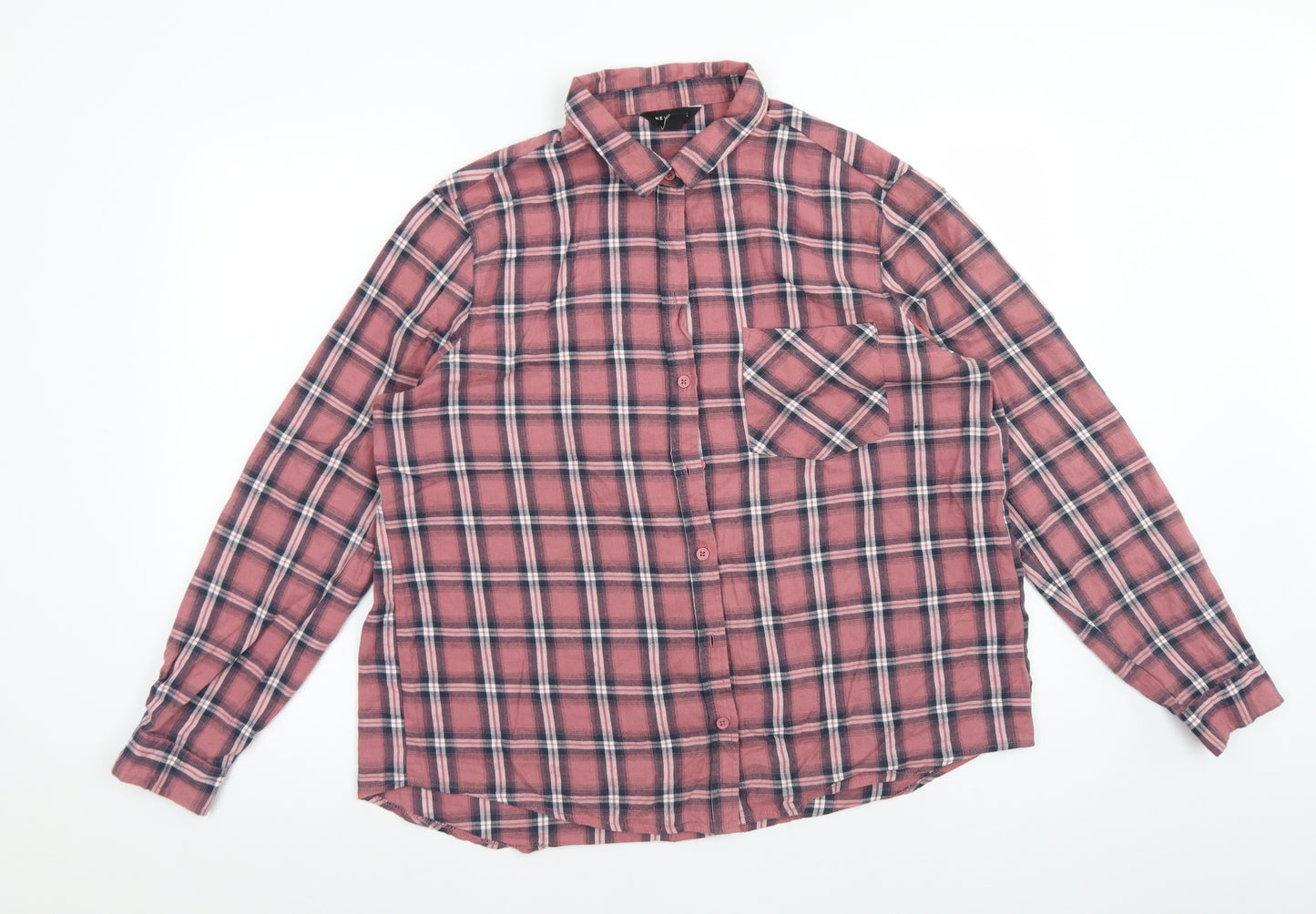 New Look Womens Pink Plaid Cotton Basic Button-Up Size 16 Collared