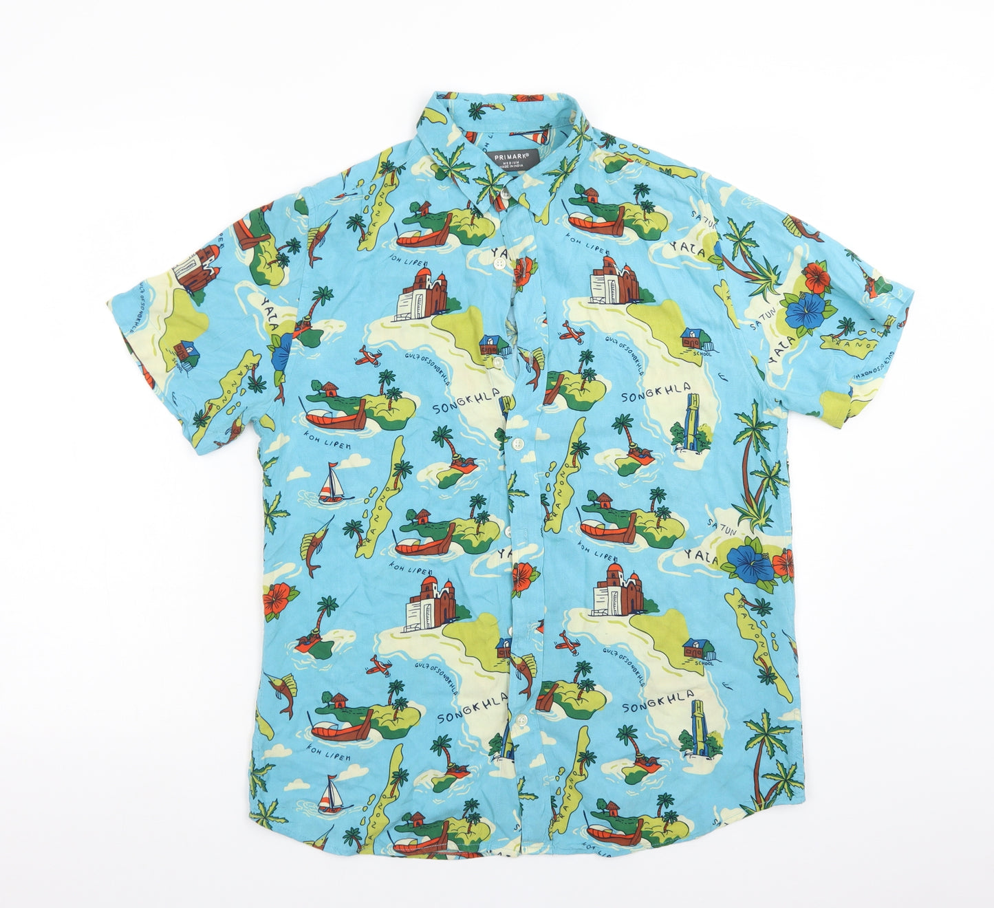 Primark Mens Multicoloured  Viscose  Button-Up Size M Collared  - ISLANDS
