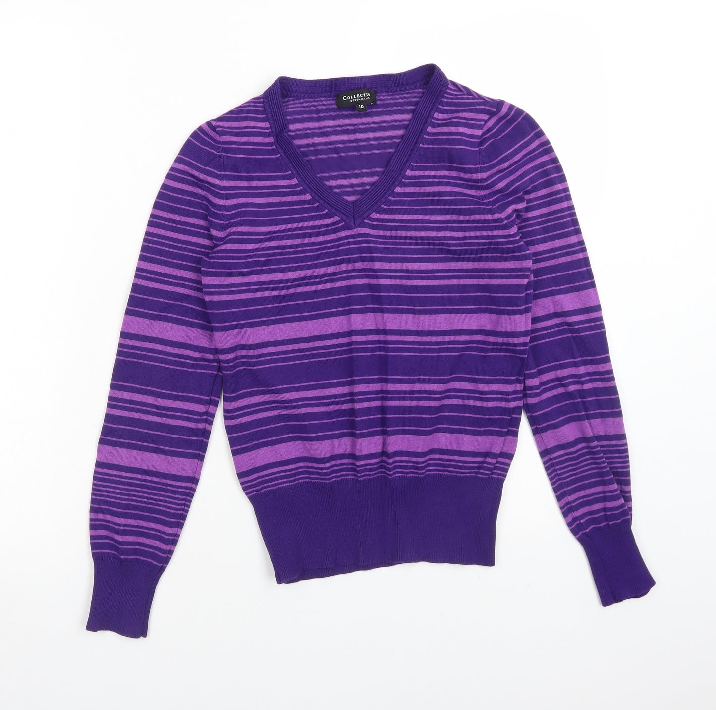 COLLECTION Womens Purple V-Neck Striped Viscose Pullover Jumper Size 10