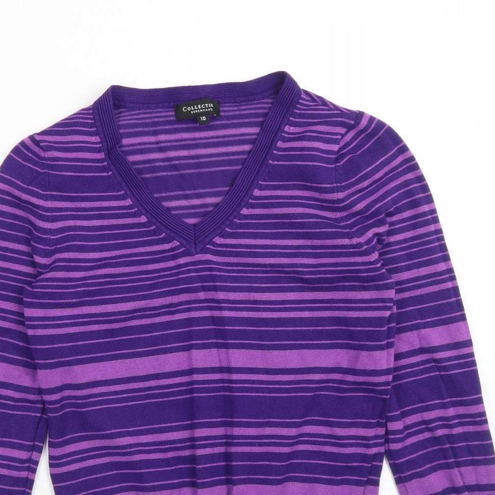 COLLECTION Womens Purple V-Neck Striped Viscose Pullover Jumper Size 10
