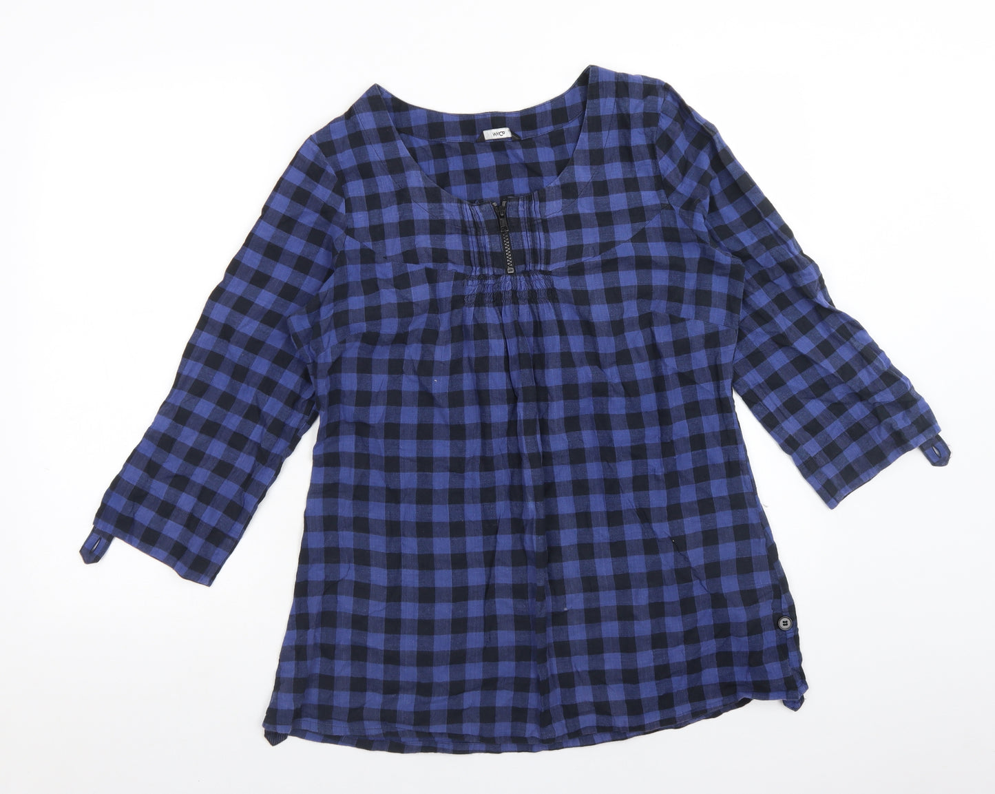 M&Co Womens Multicoloured Check Cotton Basic Blouse Size 14 Round Neck