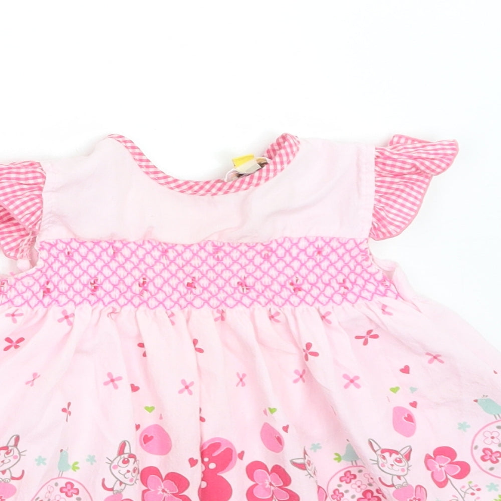 HULLABALOO Girls Pink Floral Cotton Fit & Flare  Size 12-18 Months  Round Neck  - CATS. BIRDS