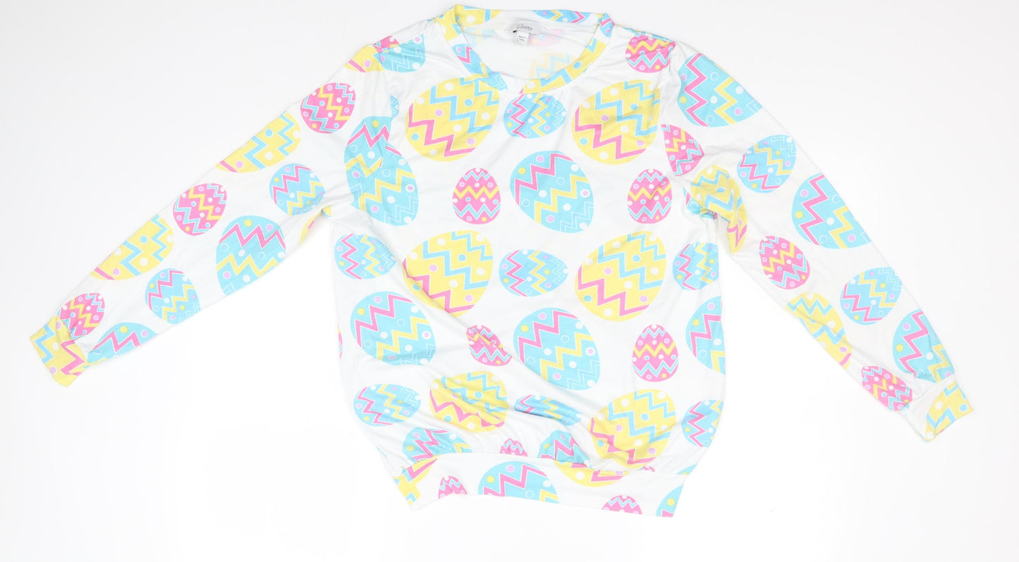 Pretty Secrets Womens White Round Neck Geometric Polyester Pullover Jumper Size 8   - Easter Eggs