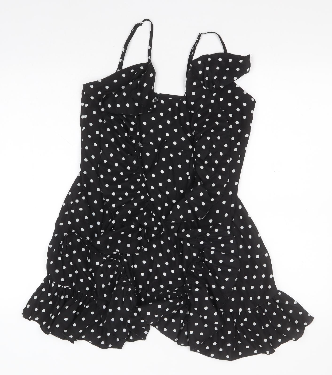 PRETTYLITTLETHING Womens Black Polka Dot Polyester Basic Blouse Size 8 Off the Shoulder