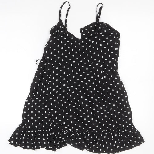 PRETTYLITTLETHING Womens Black Polka Dot Polyester Basic Blouse Size 8 Off the Shoulder