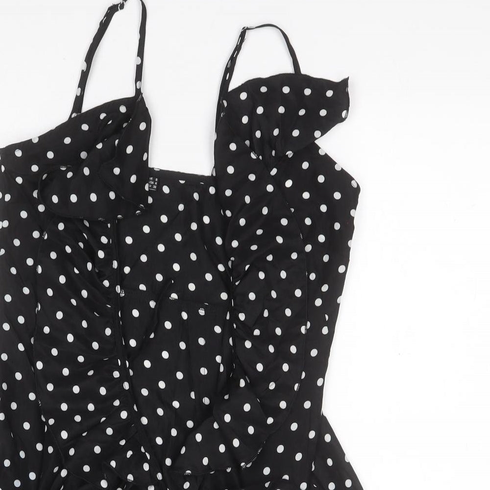 PRETTYLITTLETHING Womens Black Polka Dot Polyester Basic Blouse Size 8 Off the Shoulder