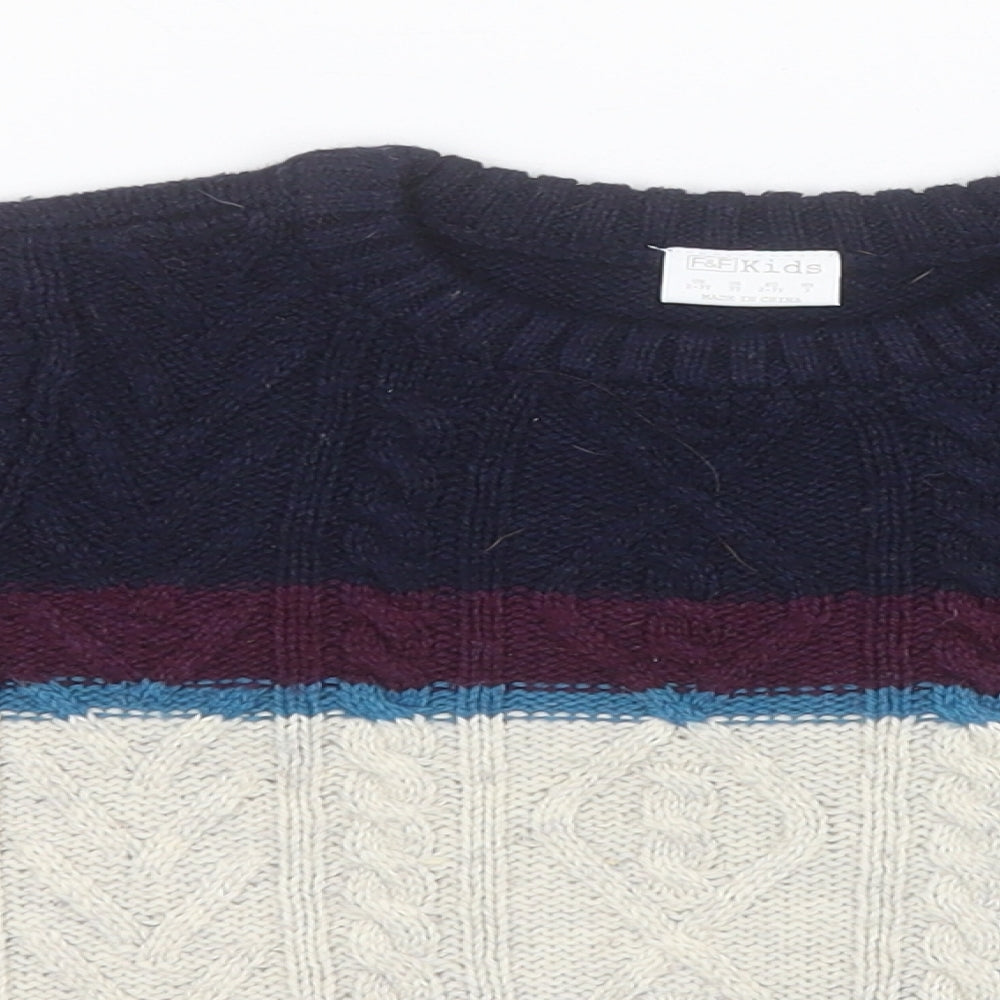 F&F Boys White Round Neck  Acrylic Pullover Jumper Size 2-3 Years