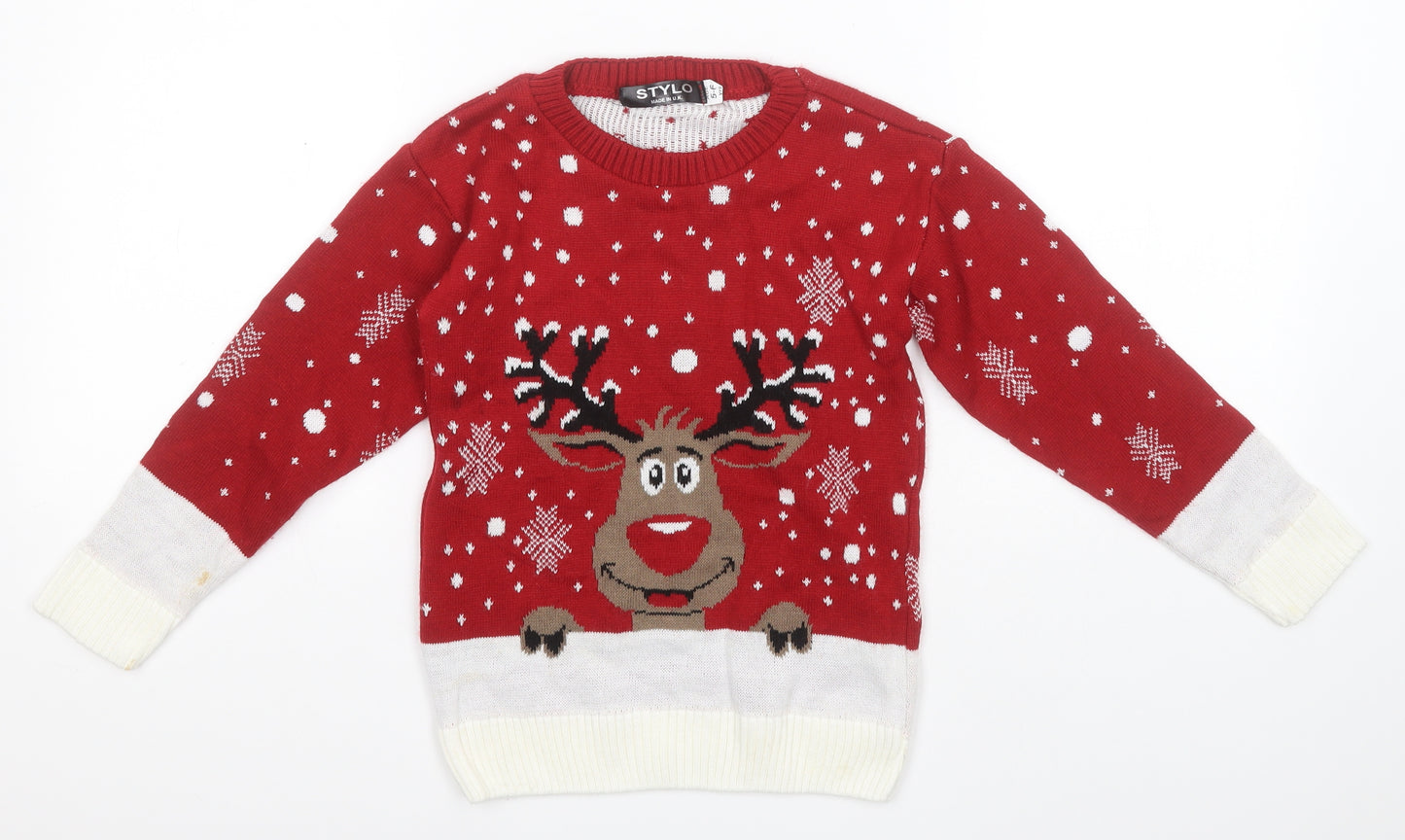 Stylo Boys Red Round Neck Fair Isle Acrylic Pullover Jumper Size 5-6 Years   - Christmas, Reindeer