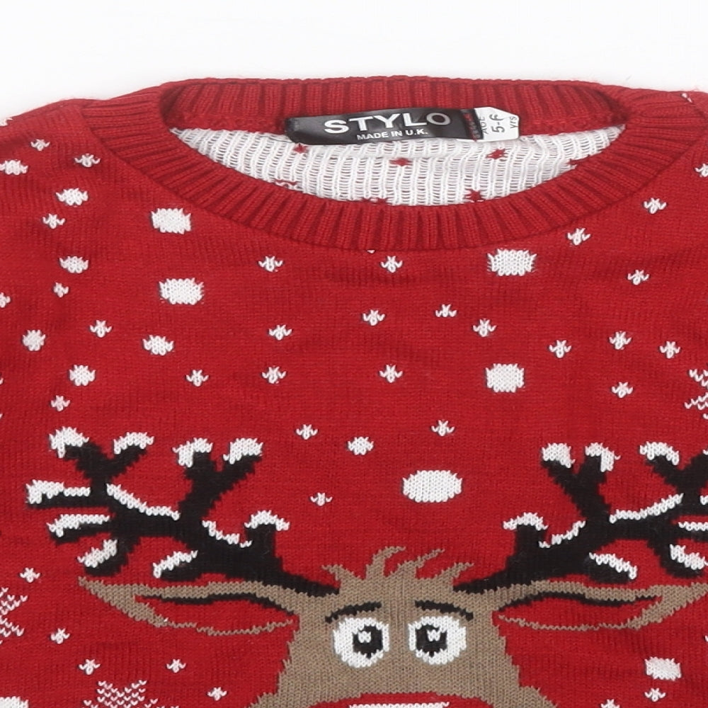 Stylo Boys Red Round Neck Fair Isle Acrylic Pullover Jumper Size 5-6 Years   - Christmas, Reindeer