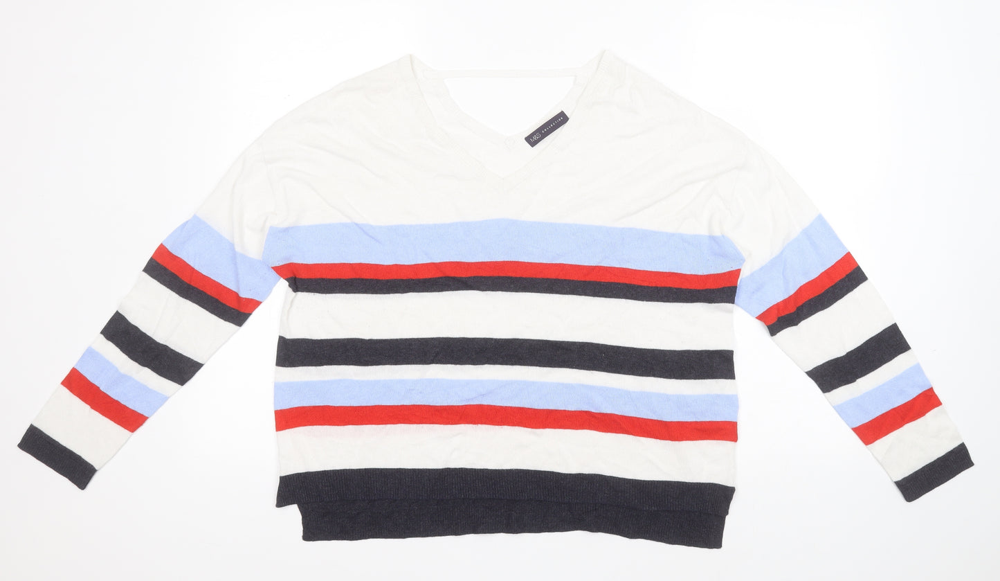 Marks and Spencer Womens White V-Neck Striped Viscose Pullover Jumper Size 16
