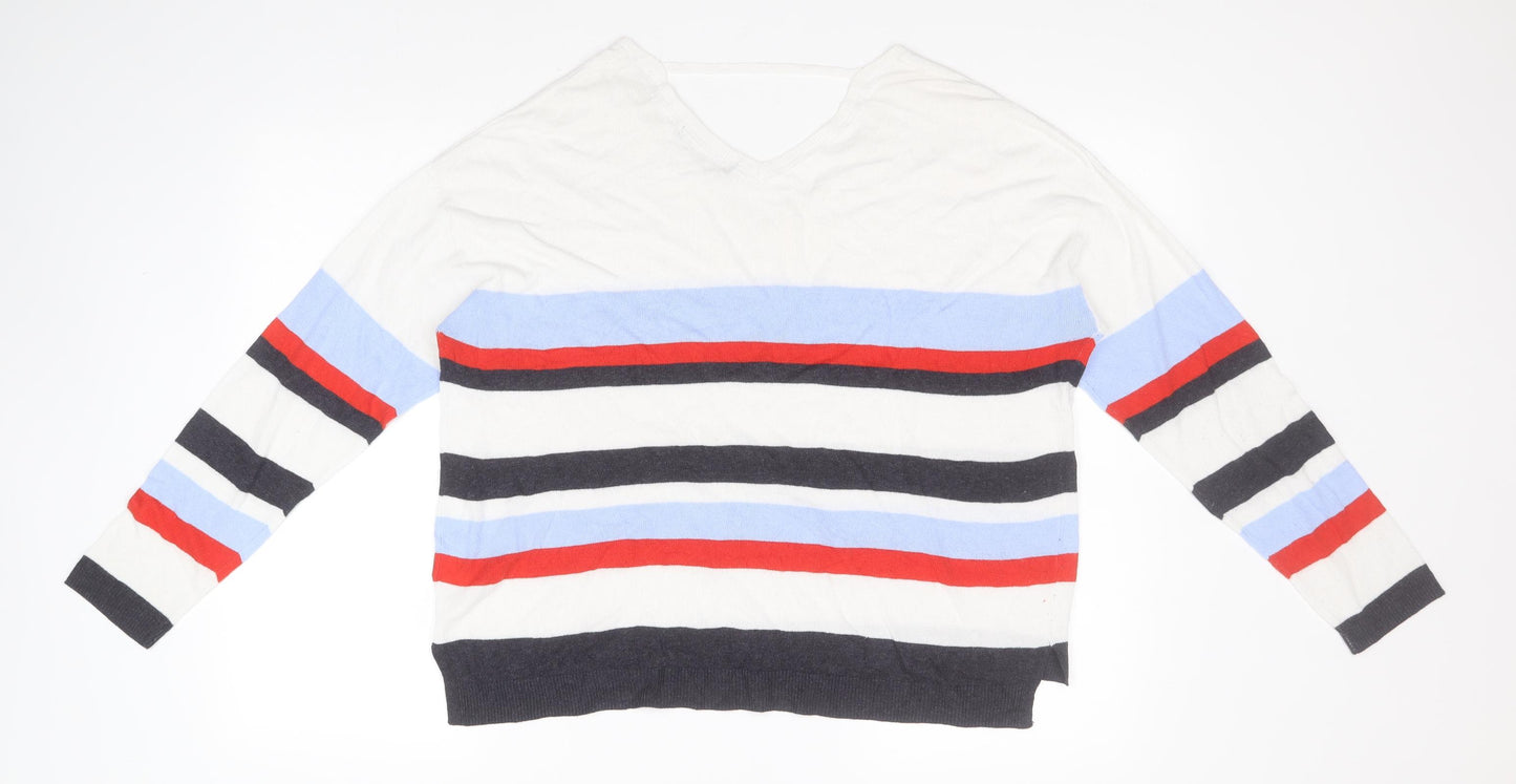 Marks and Spencer Womens White V-Neck Striped Viscose Pullover Jumper Size 16