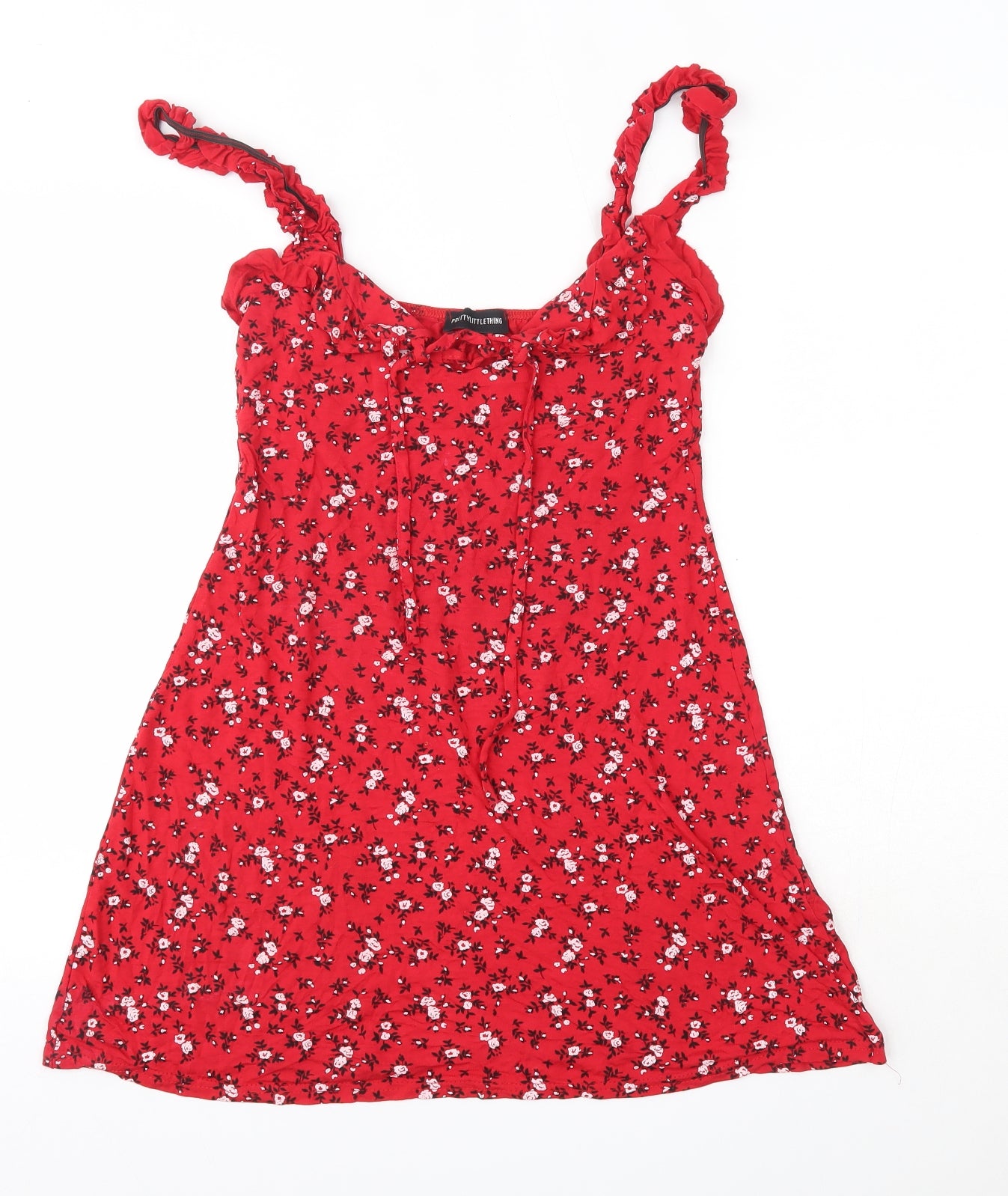 PRETTYLITTLETHING Womens Red Floral Viscose A-Line  Size 10  V-Neck