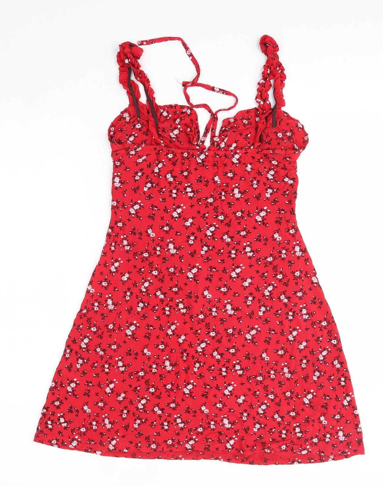 PRETTYLITTLETHING Womens Red Floral Viscose A-Line  Size 10  V-Neck