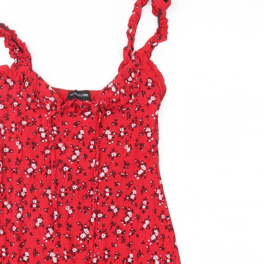 PRETTYLITTLETHING Womens Red Floral Viscose A-Line  Size 10  V-Neck