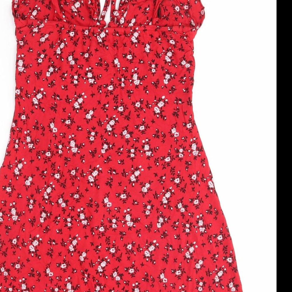 PRETTYLITTLETHING Womens Red Floral Viscose A-Line  Size 10  V-Neck