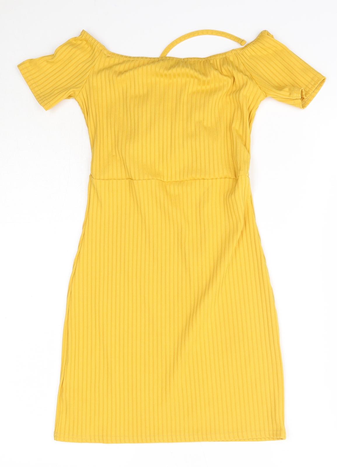 PRETTYLITTLETHING Womens Yellow  Polyester T-Shirt Dress  Size 8  Round Neck