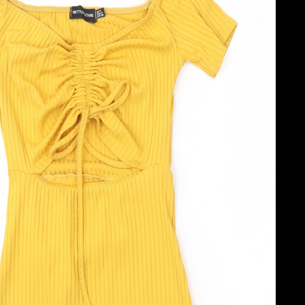 PRETTYLITTLETHING Womens Yellow  Polyester T-Shirt Dress  Size 8  Round Neck
