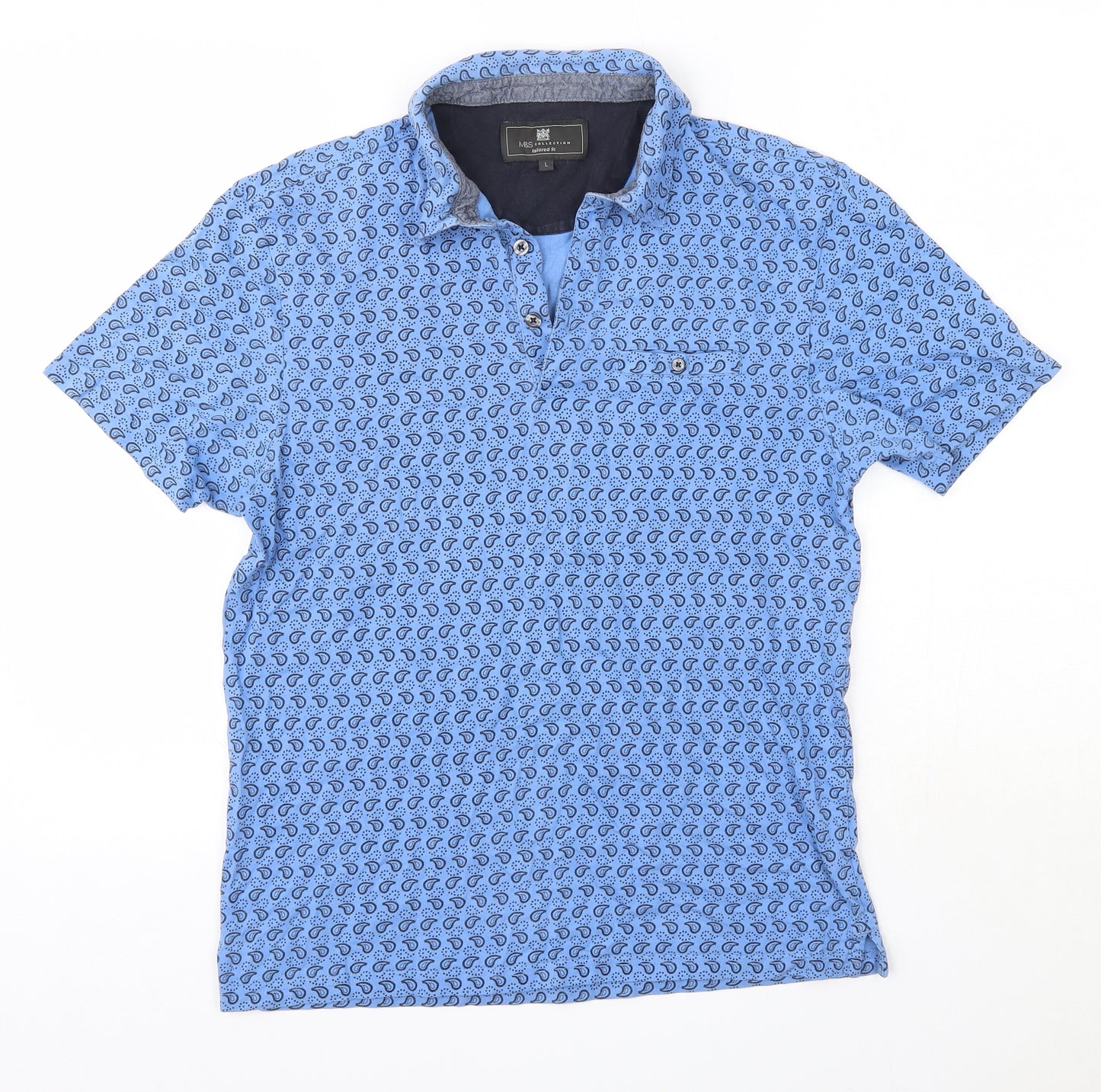 M&S Mens Blue Paisley Cotton  Polo Size L Collared
