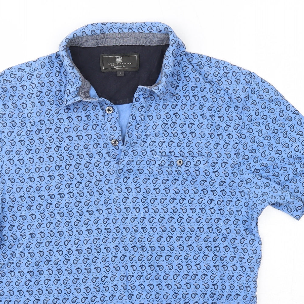 M&S Mens Blue Paisley Cotton  Polo Size L Collared