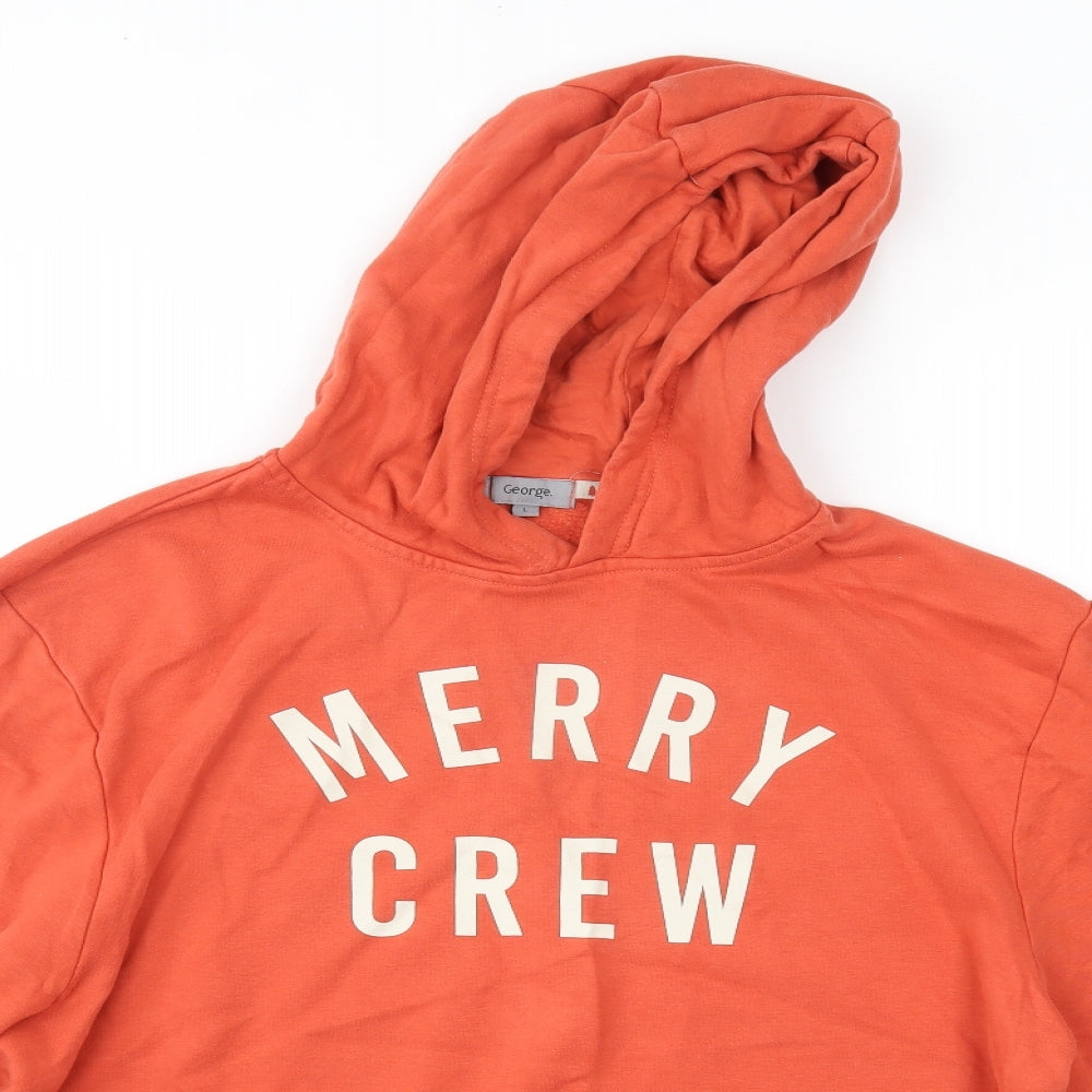 George Mens Orange  Cotton Pullover Hoodie Size L   - Christmas Drunk