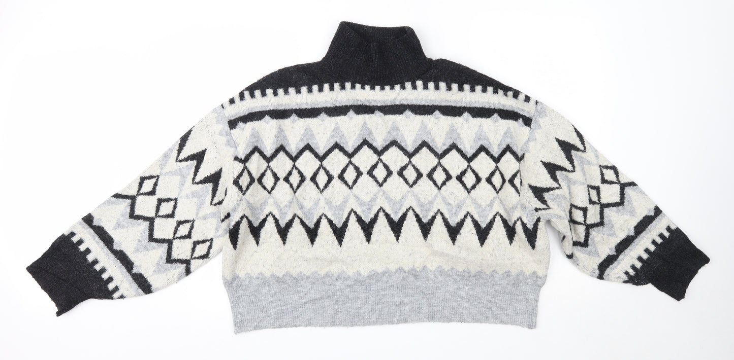 H&M Womens Grey High Neck Argyle/Diamond Acrylic Pullover Jumper Size M