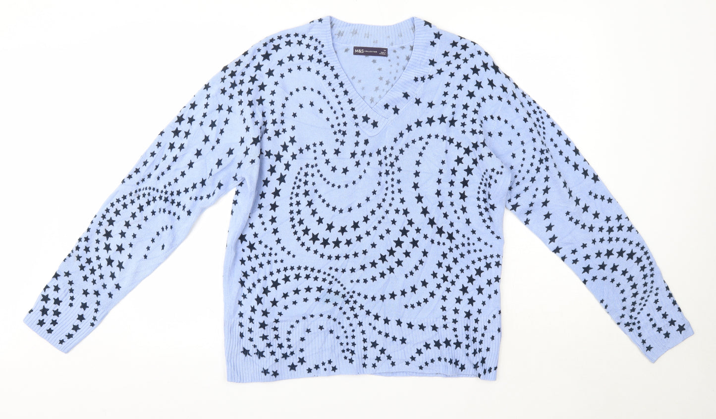 M&S Womens Blue V-Neck  Acrylic Pullover Jumper Size 14   - Stars