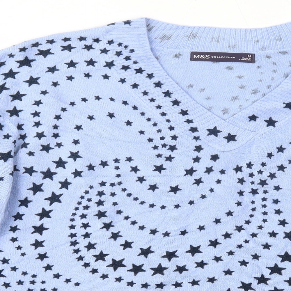 M&S Womens Blue V-Neck  Acrylic Pullover Jumper Size 14   - Stars